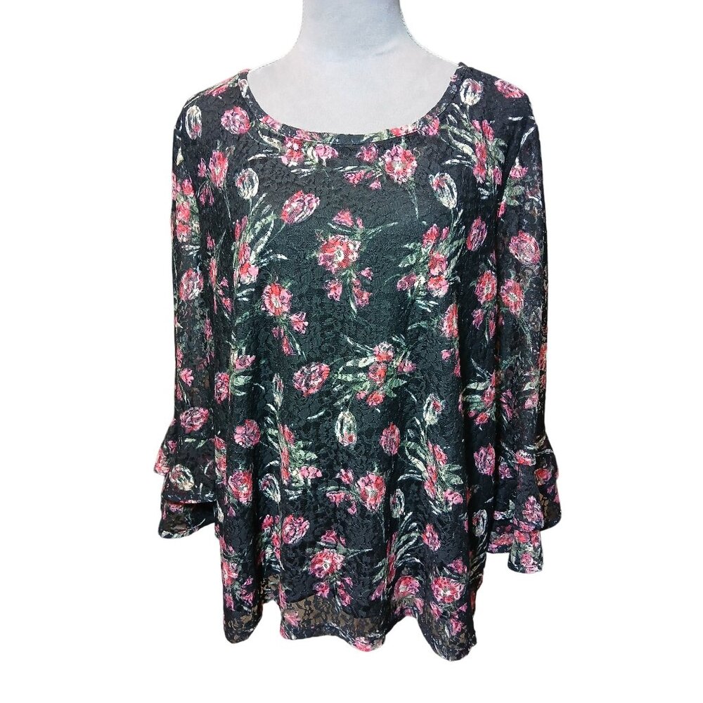 Cato Womens Bell Sleeve Black Floral Top Lace Overlay Stretch Goth Grunge Sz XL